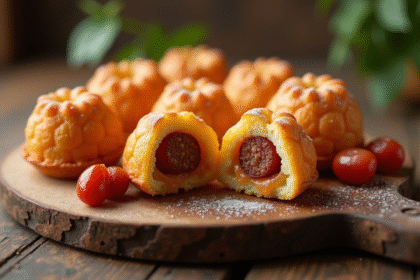 Cannelés dorés au chorizo sur planche en bois rustique