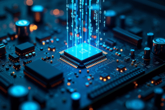 Carte mère avec circuits et nombres lumineux en laboratoire