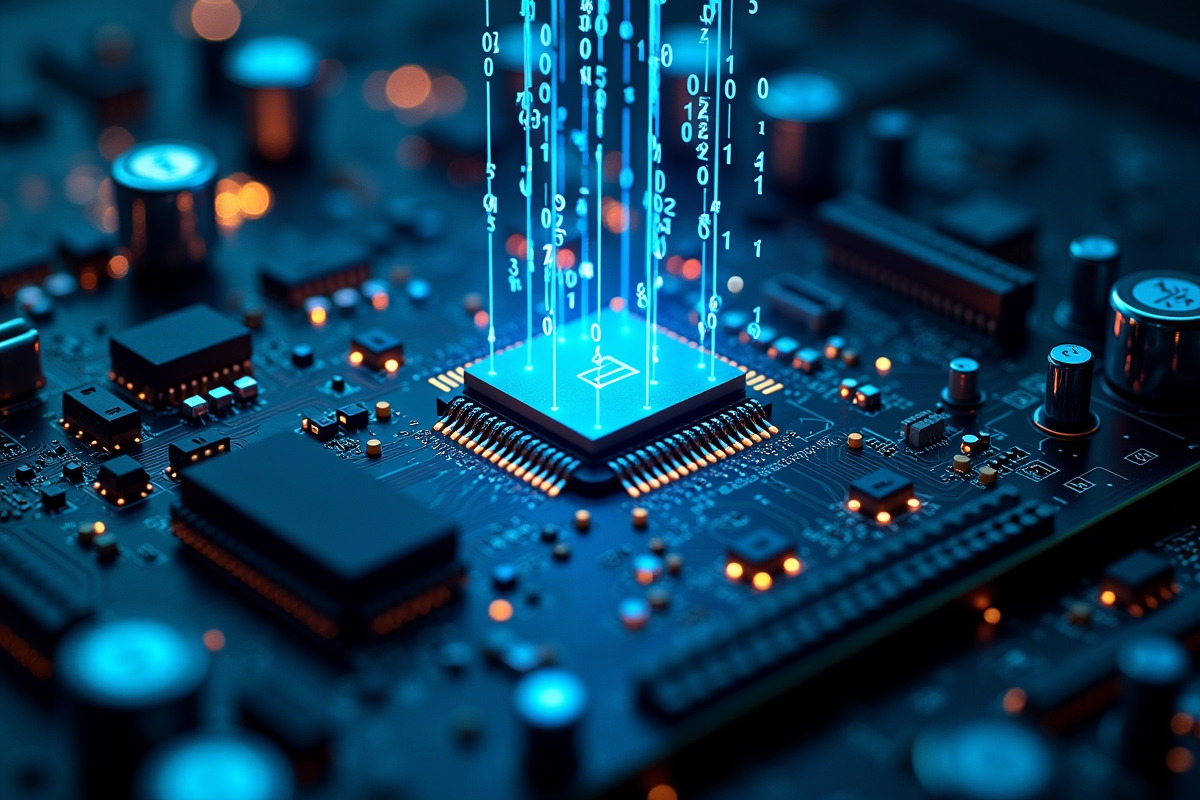 Carte mère avec circuits et nombres lumineux en laboratoire