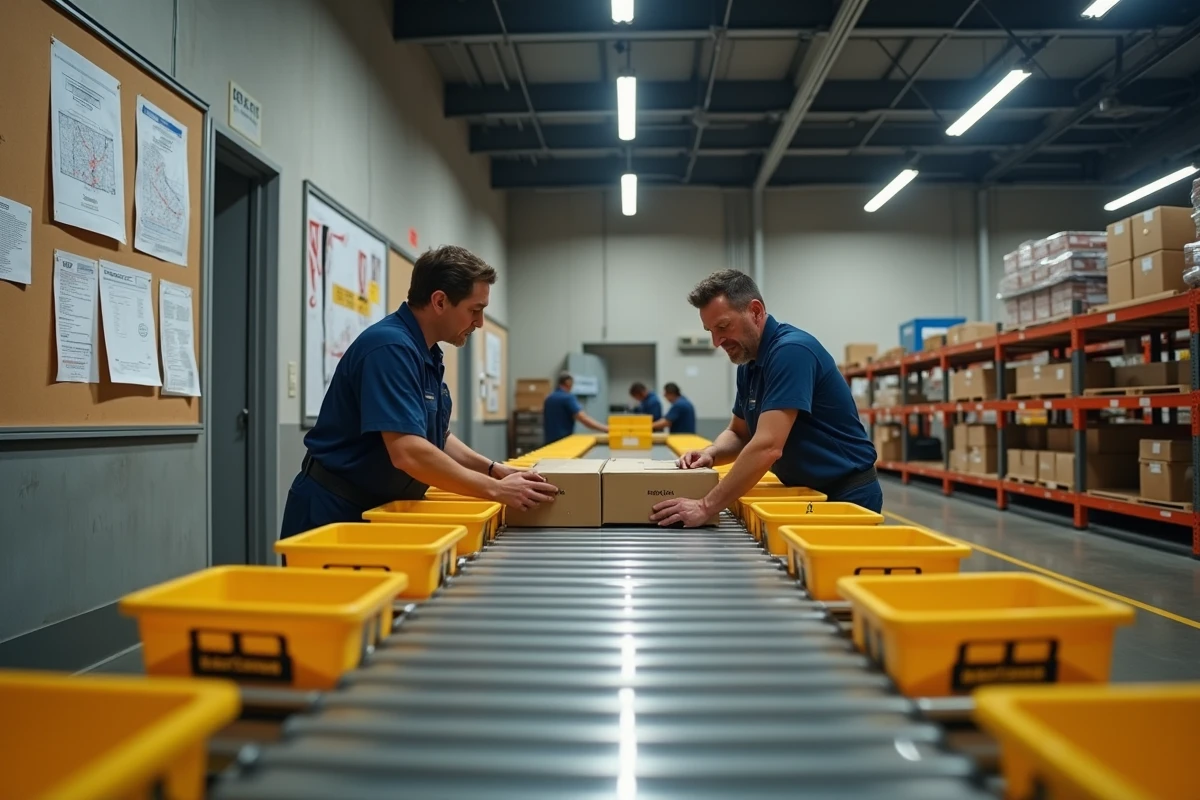 Agents de tri postal organisant des colis et du courrier dans un centre de distribution selon les tournées de livraison