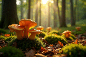 Groupe de chanterelles dans la forêt ensoleillée
