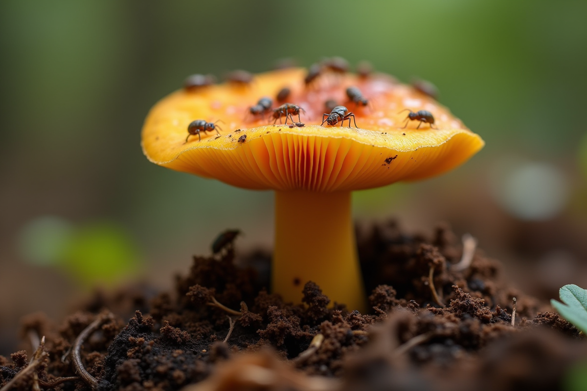 Chanterelle avec insectes sur le sol forestier