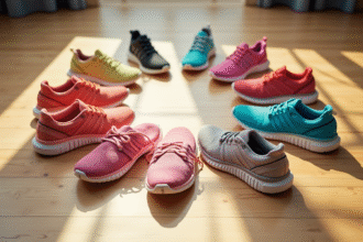 Cinq chaussures de fitness colorées pour femmes en cercle sur un sol de gym lumineux