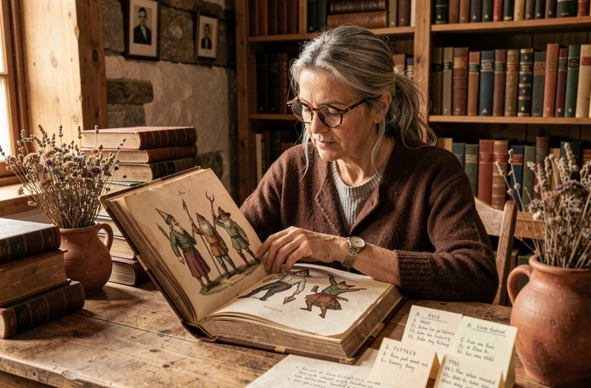 Chercheuse en folklore étudiant un livre ancien illustré de korrigans, lutins et elfes dans une bibliothèque de cottage rustique