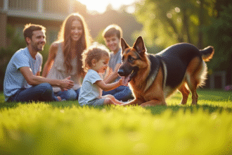 Chien berger belge jouant dans le jardin en famille heureuse