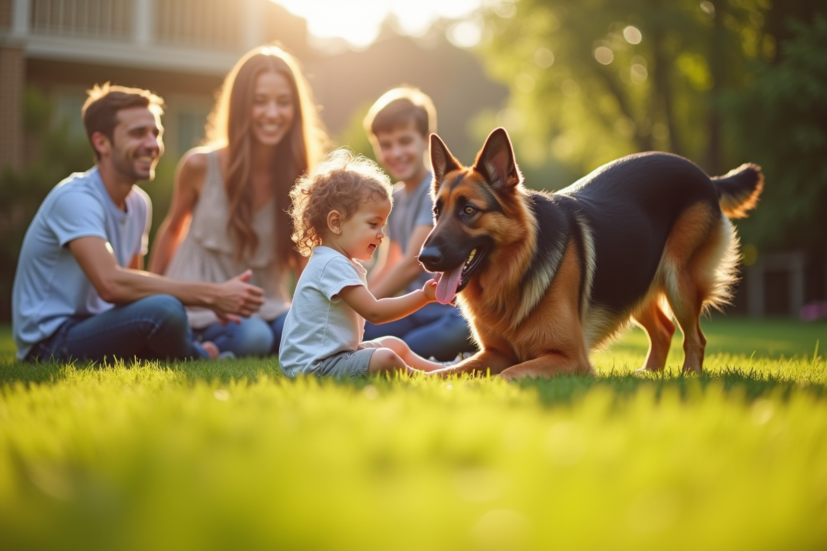 Chien berger belge jouant dans le jardin en famille heureuse