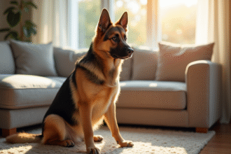 Chien berger allemand et beauceron assis dans un salon lumineux