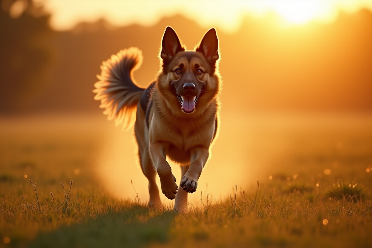 Chien berger allemand et beauceron courant dans un champ ensoleille