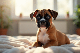 Chiot boxer assis sur un coussin dans un salon lumineux