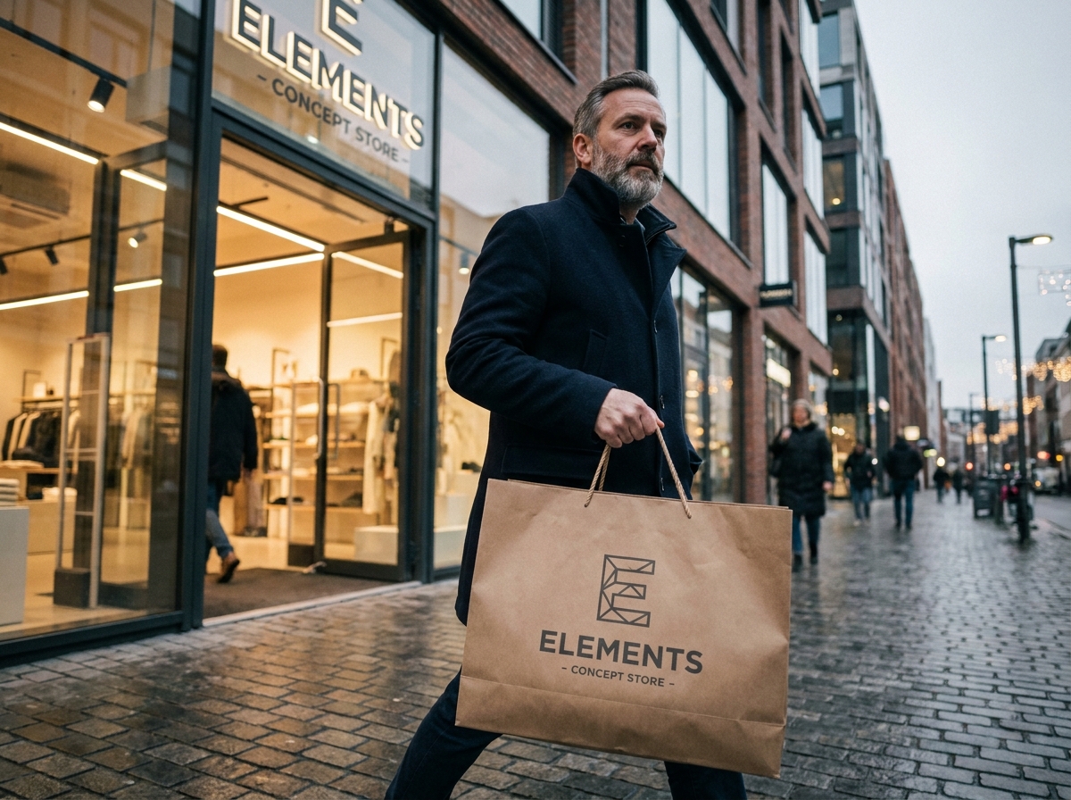 Client quittant une boutique en tenant un grand sac kraft imprimé avec logo géométrique dans une rue pavée urbaine