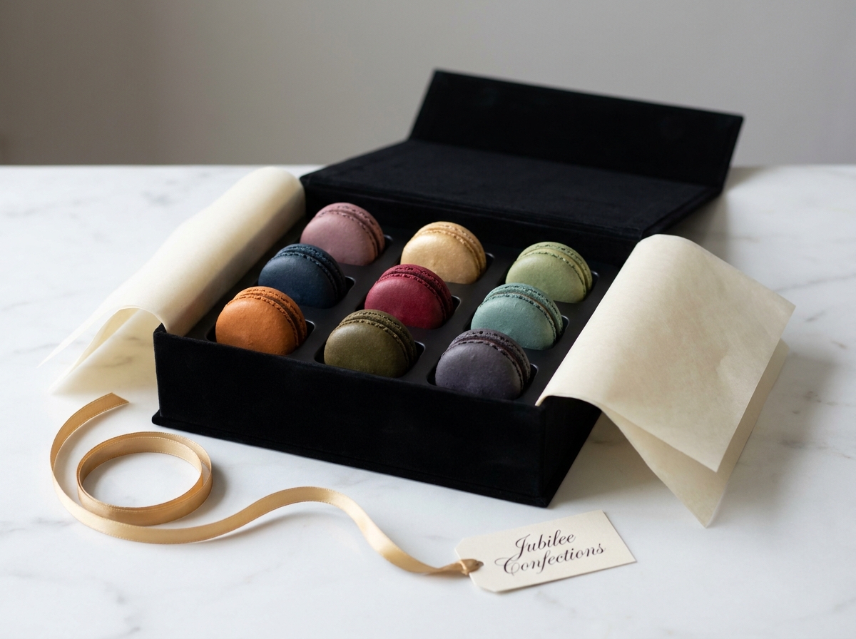 Coffret luxueux de macarons aux teintes bijou disposés dans des alvéoles noires comme une collection de gemmes précieuses