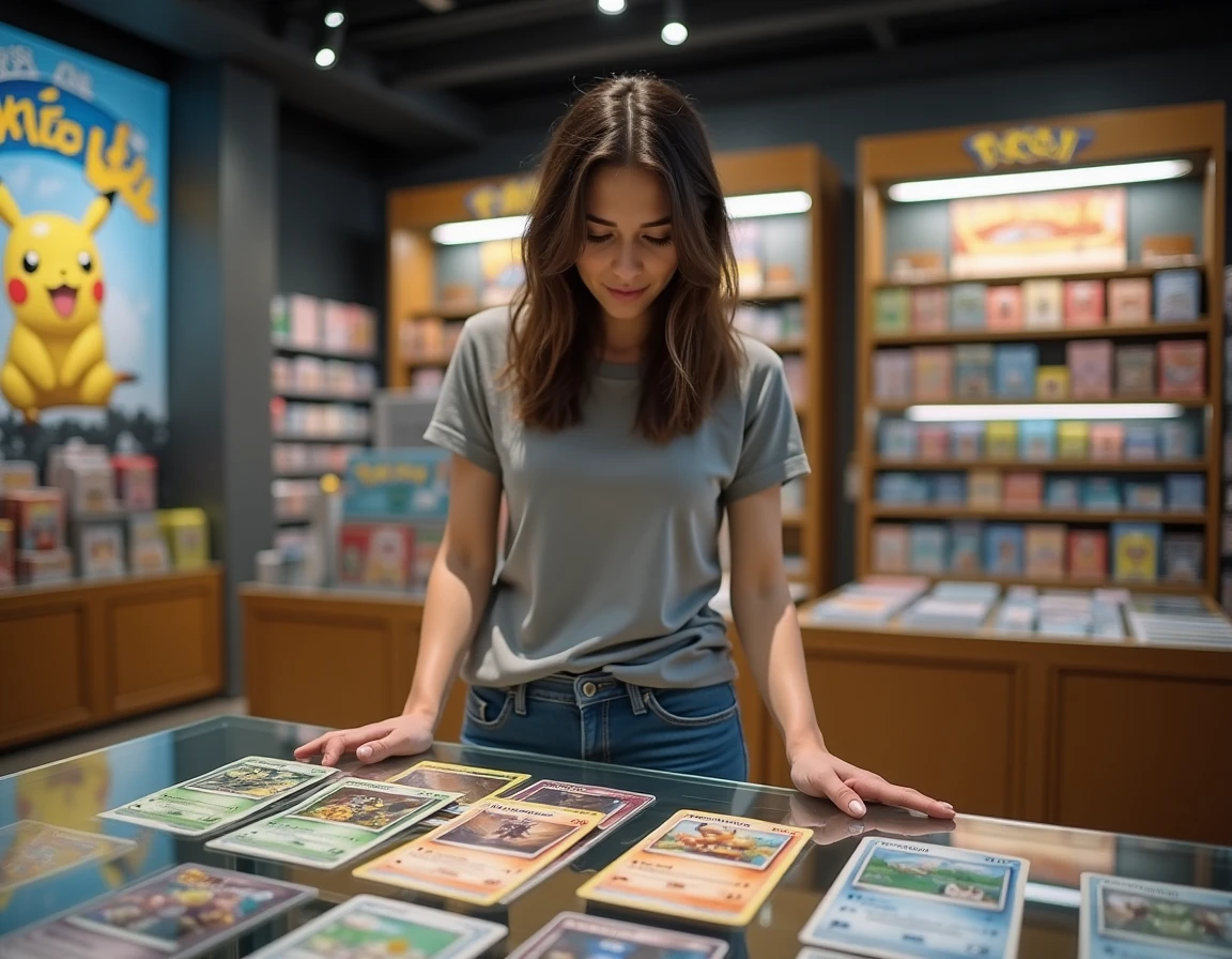 Femme examinant des boosters Pokémon Étincelles Déferlantes dans un magasin de jeux de cartes moderne