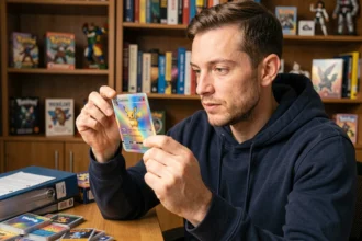 Collectionneur adulte examinant une carte Pokémon holographique Aventure Ensemble à son bureau