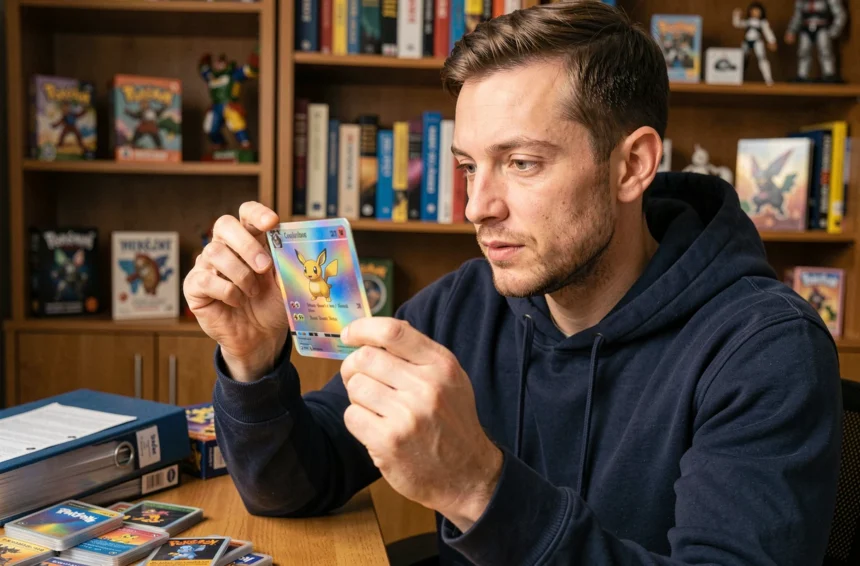 Collectionneur adulte examinant une carte Pokémon holographique Aventure Ensemble à son bureau