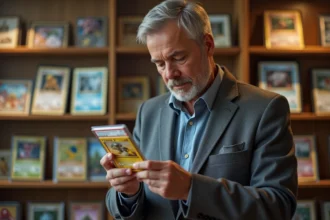 Homme d'âge moyen examinant une carte Pokémon encadrée dans une boutique