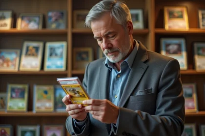 Homme d'âge moyen examinant une carte Pokémon encadrée dans une boutique