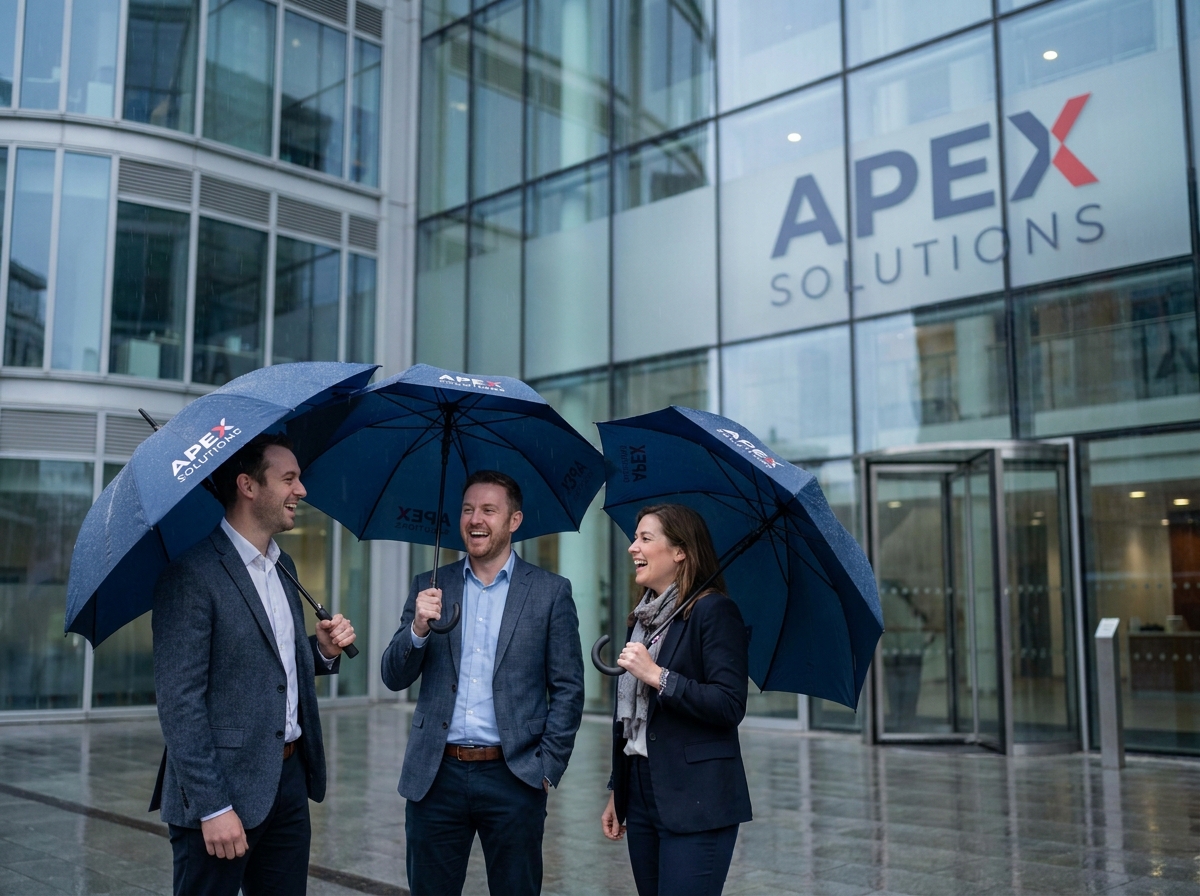 Groupe de collègues sous des parapluies personnalisés aux couleurs d'une entreprise devant un immeuble de bureaux