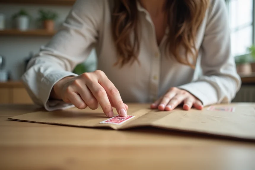 Femme collant un timbre dans le coin supérieur droit d'une enveloppe à bulles grand format sur une table en bois