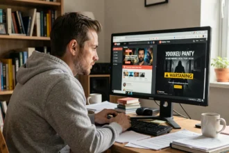 Homme comparant une plateforme de streaming légale et un site de téléchargement illégal sur son ordinateur de bureau