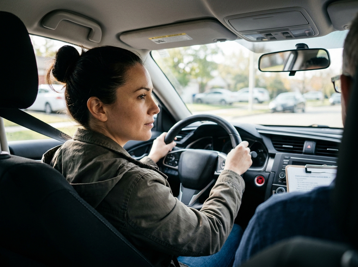 Conductrice en évaluation pratique au volant lors d'un stage de remise à niveau en sécurité routière