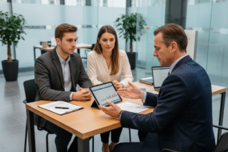 Conseiller bancaire expliquant taux hypothécaire à un couple