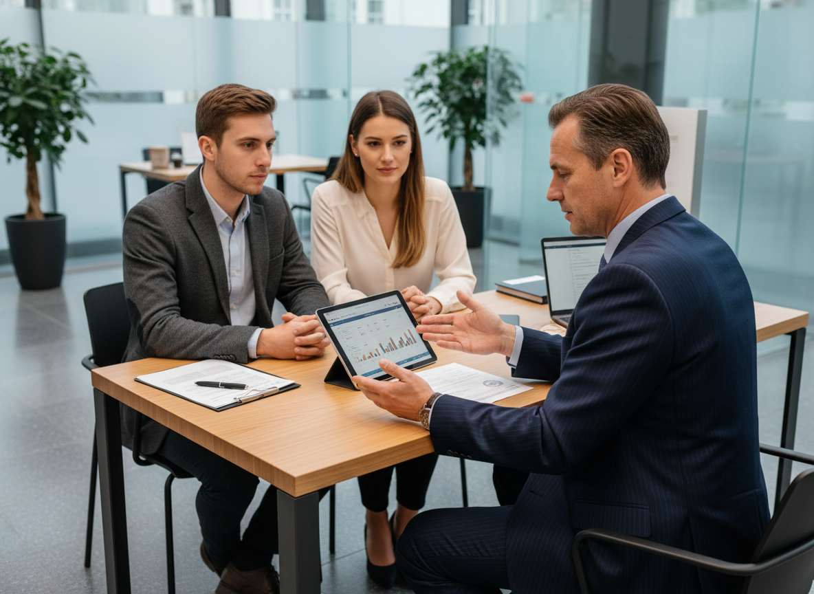 Conseiller bancaire expliquant taux hypothécaire à un couple