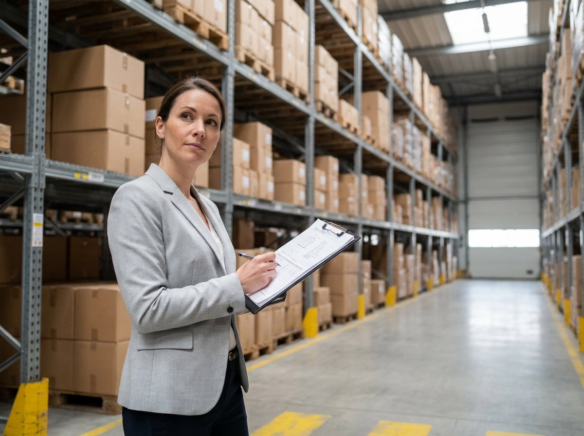 Consultante logistique évaluant un rayonnage professionnel d'occasion dans un entrepôt de stockage à Bordeaux