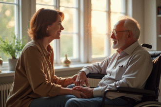 Femme chaleureuse parlant avec un homme en fauteuil