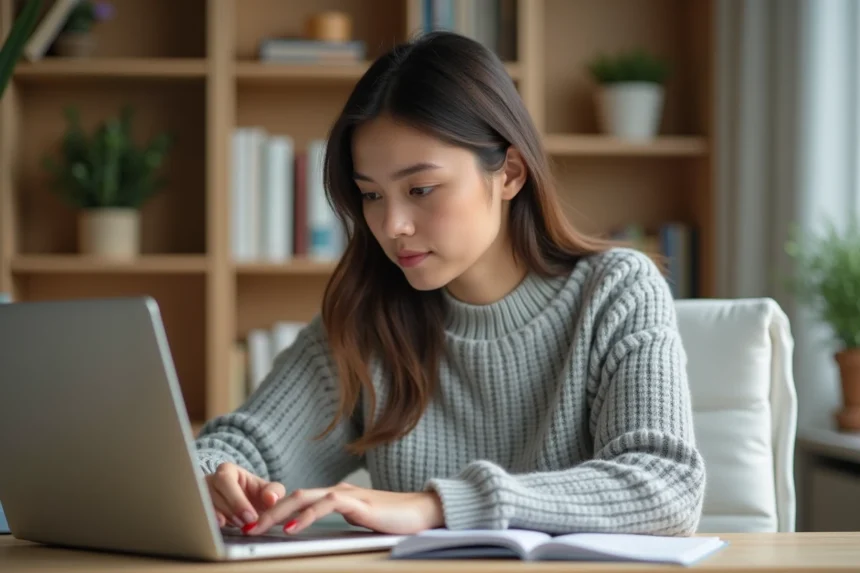 Jeune femme utilisant un correcteur orthographique en français sur son ordinateur portable dans un bureau à domicile