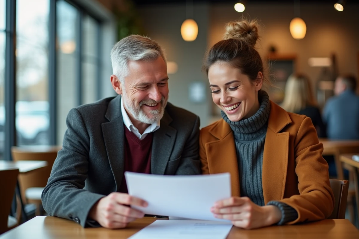 Couple heureux discute documents d achat de voiture au café