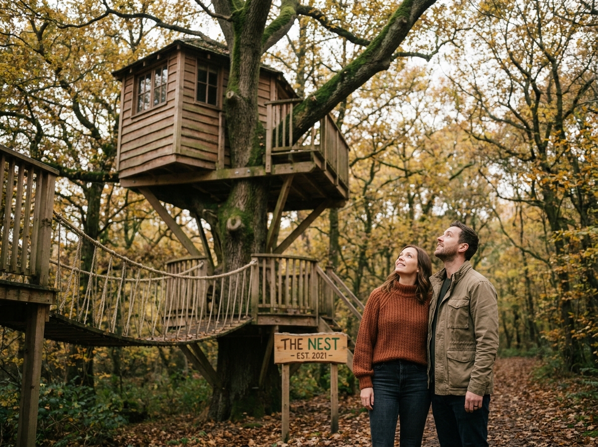 Couple découvrant une cabane dans les arbres insolite en forêt pour une nuit originale en amoureux