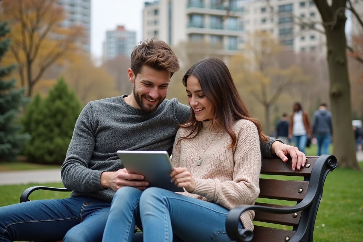 Jeune couple consulte annonces immobilières dans un parc