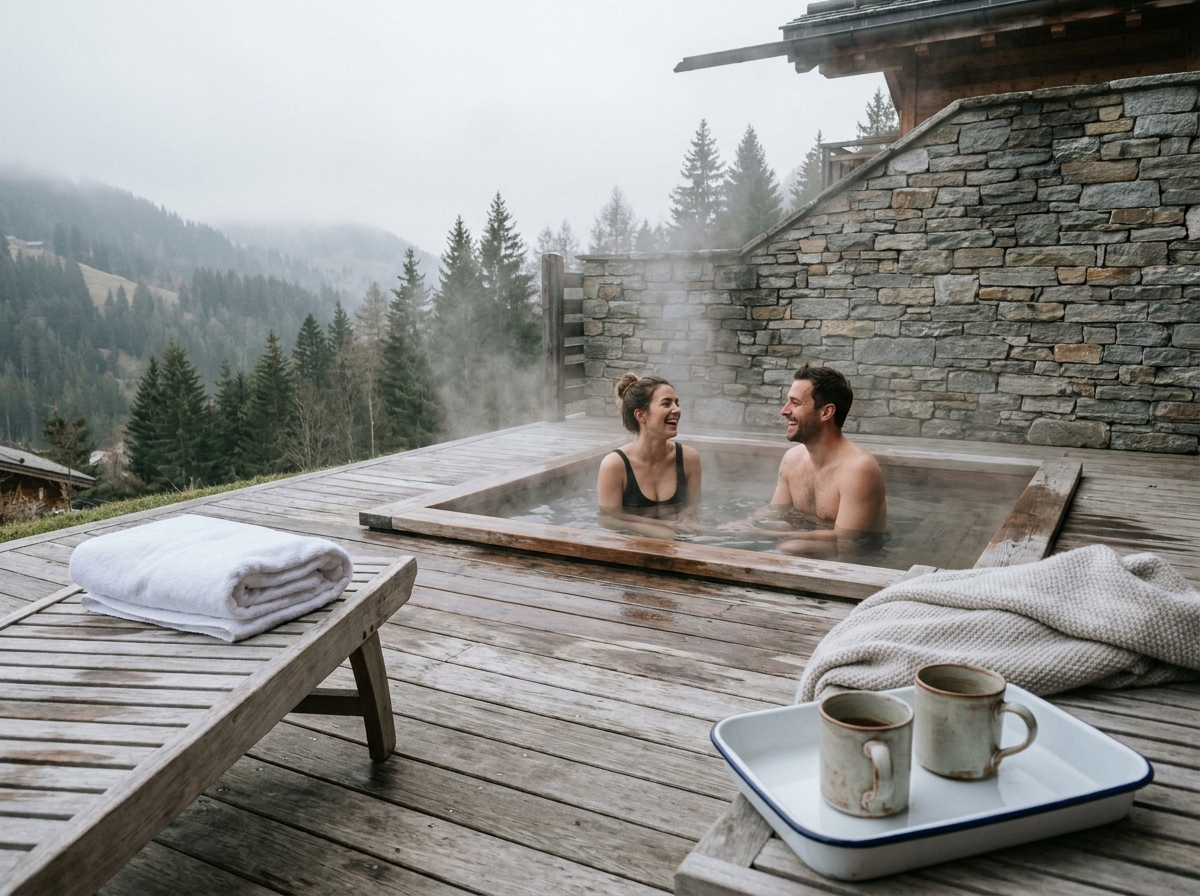 Couple dans un jacuzzi privatif extérieur sur une terrasse de chalet de montagne pour une escapade romantique