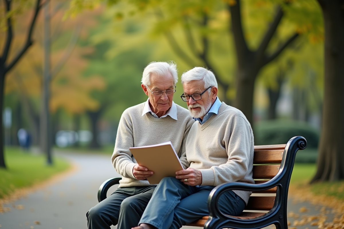 Couple retraité regardant brochure dans un parc