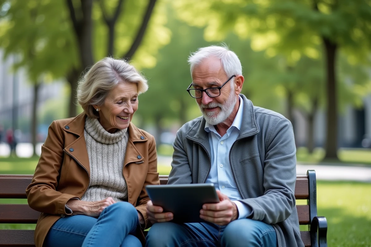Couple retiree discute finances avec tablettes dans un parc