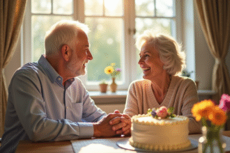 Vieux couple souriant main dans la main à la maison