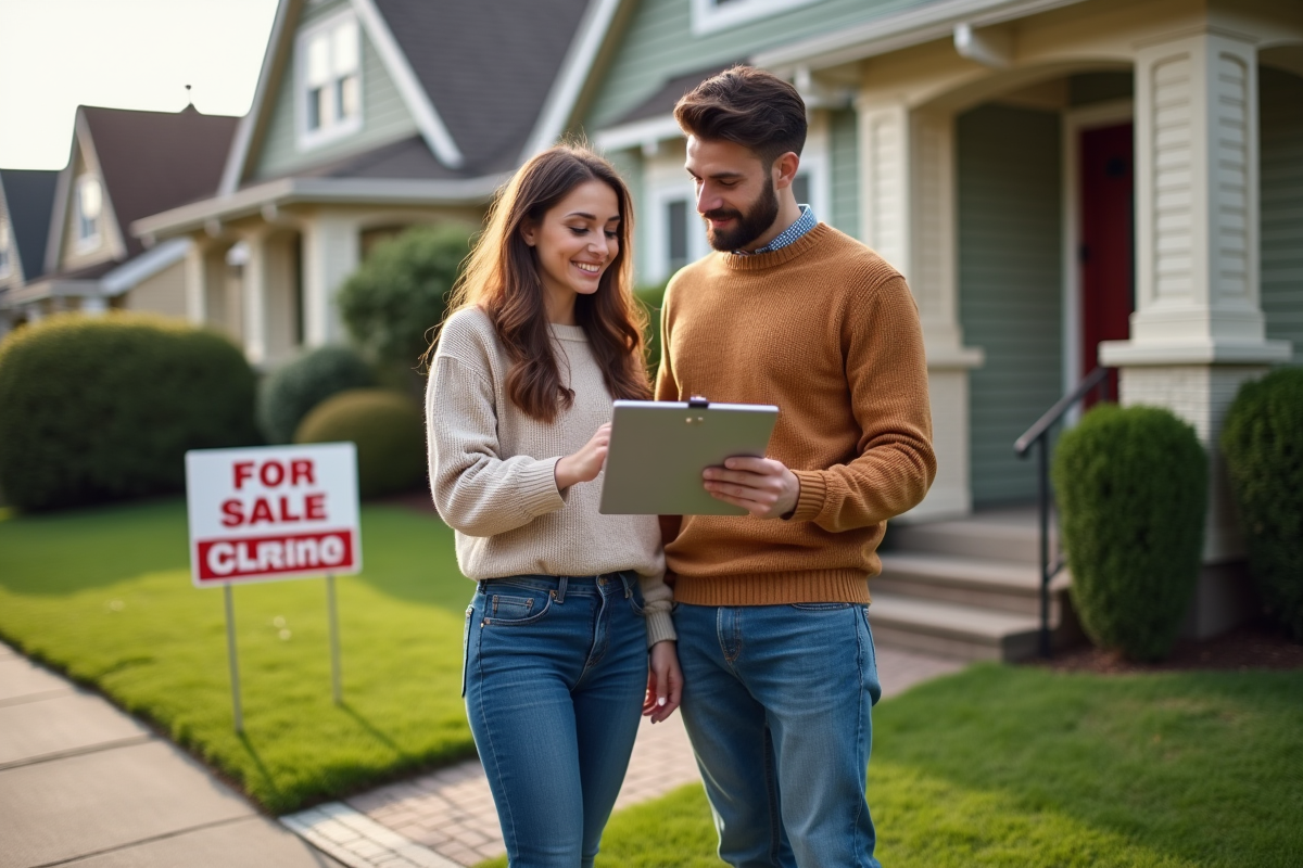 Jeune couple regardant une maison avec panneau vente en extérieur
