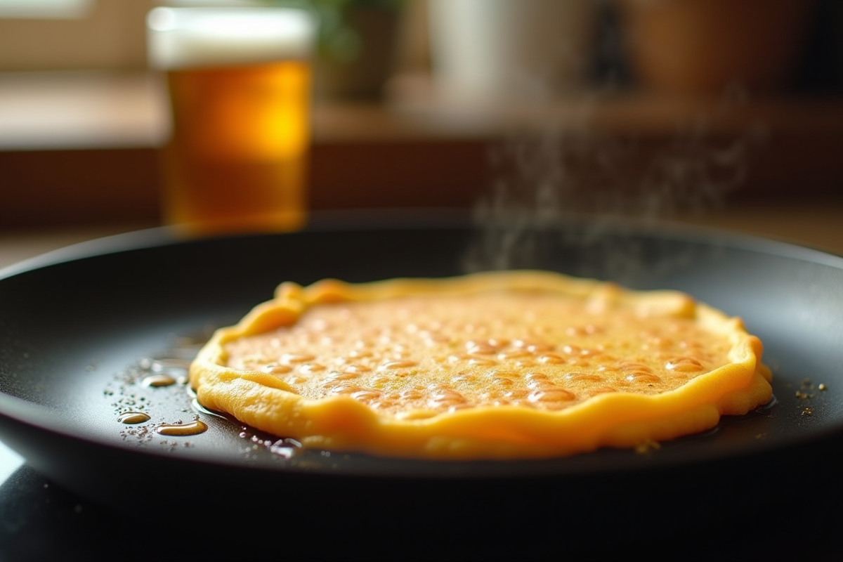 Crêpe en cuisson avec bière blonde en arrière-plan