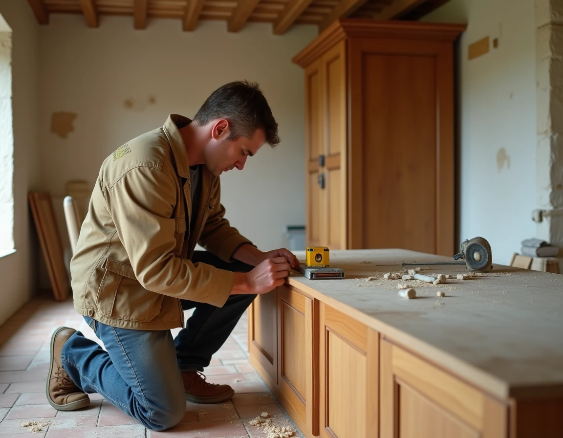 Artisan de Dam's Agencement installant un aménagement en bois dans une maison charentaise