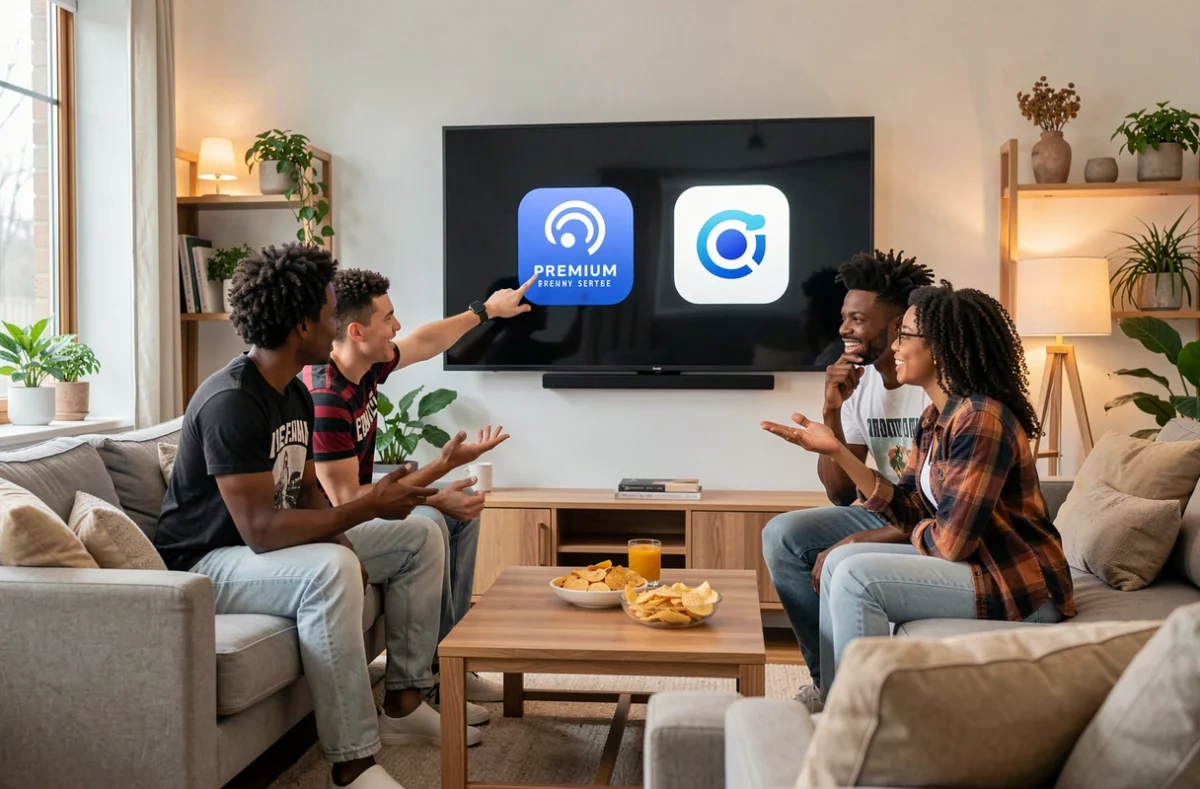 Groupe de jeunes adultes discutant des différences entre plateformes de streaming légales et sources non officielles devant un téléviseur