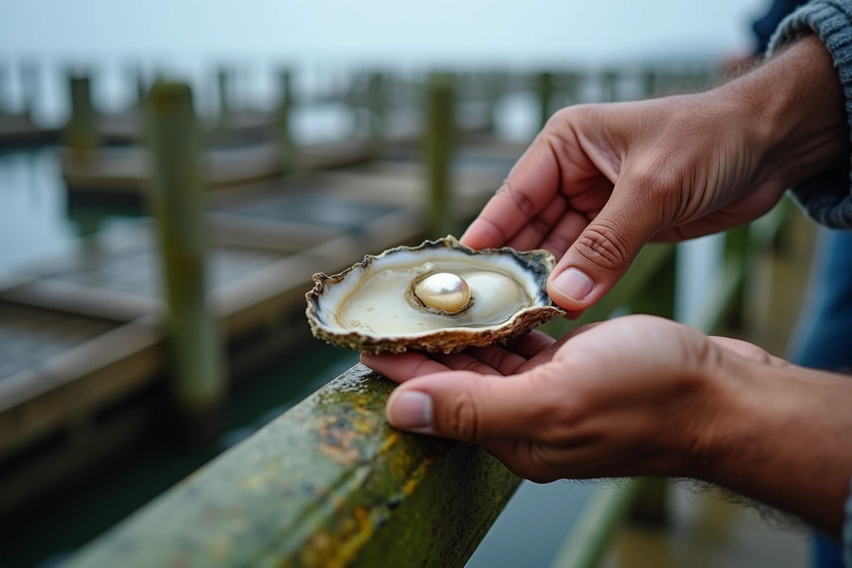 Mains de pêcheur ouvrant une huître avec une perle naturelle sur un ponton de ferme ostréicole