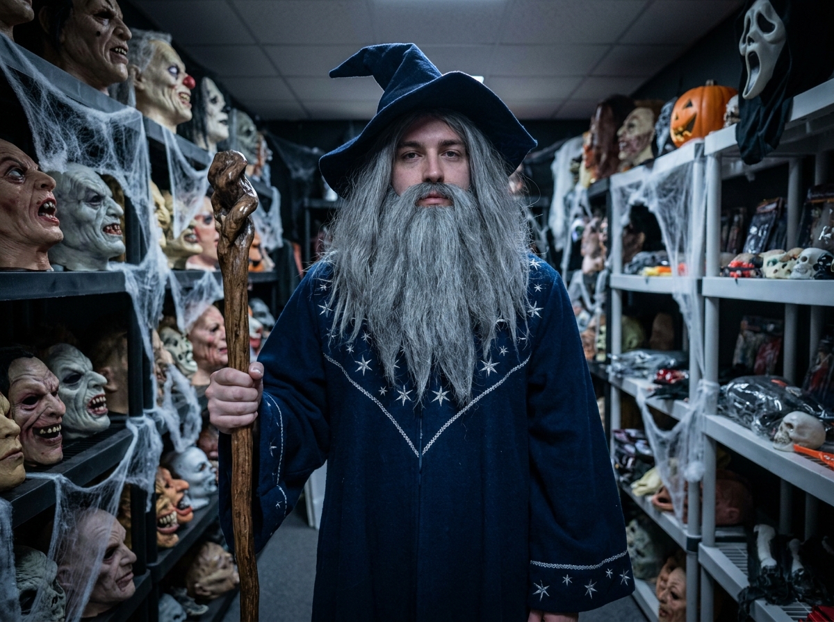 Homme adulte déguisé en sorcier avec robe brodée et chapeau pointu dans un magasin de costumes Halloween
