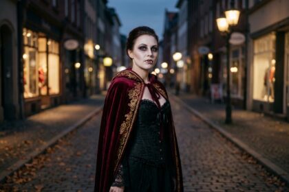 Femme adulte en costume de vampire avec cape en velours rouge et maquillage théâtral dans une rue pavée en automne