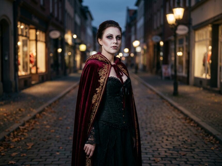 Femme adulte en costume de vampire avec cape en velours rouge et maquillage théâtral dans une rue pavée en automne