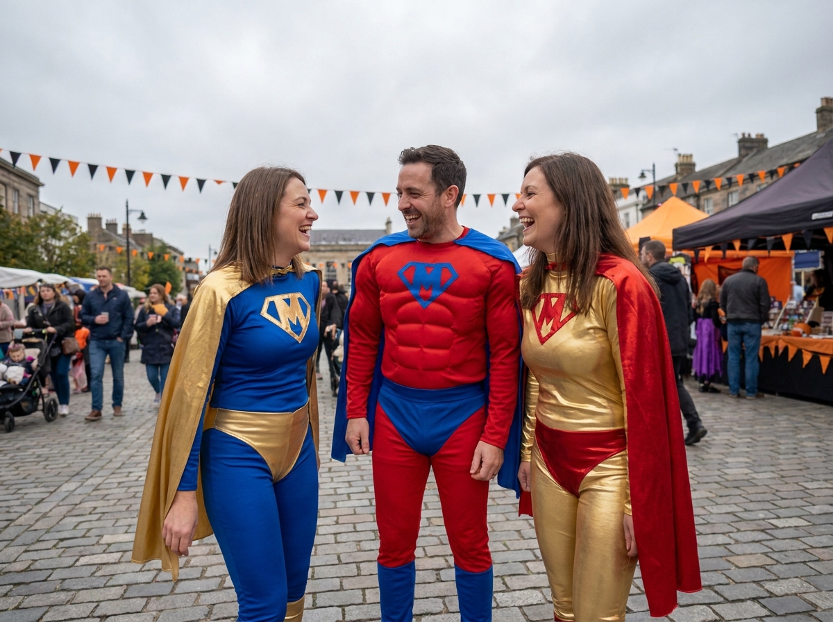 Groupe d'adultes en costumes de super-héros coordonnés riant ensemble lors d'un festival Halloween en plein air