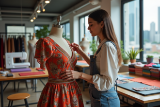Créatrice de mode ajustant une robe colorée en atelier