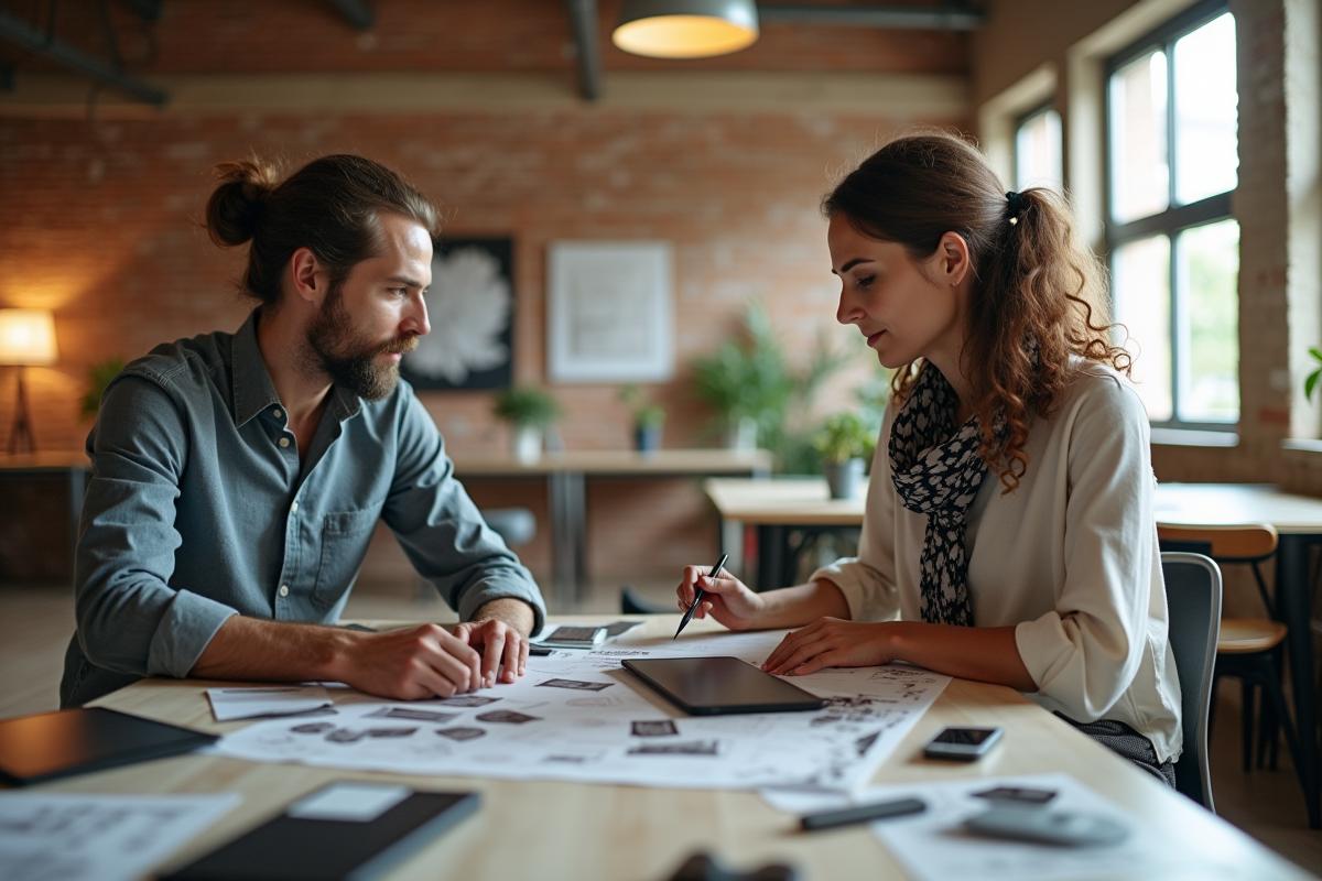 Designer collaborant avec un collègue autour de prototypes créatifs