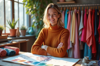 Créateur de mode souriant dans un studio coloré avec tissus et croquis