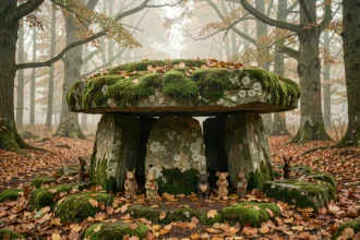 Dolmen breton recouvert de mousse en forêt automnale avec figurines de korrigans en bois, illustration du folklore celtique