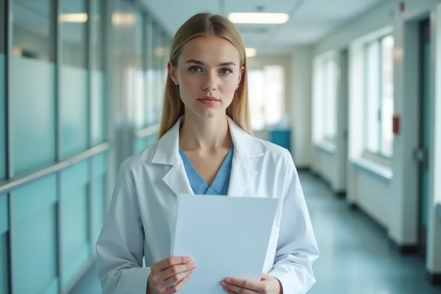 Femme médecin blonde en blouse blanche dans un couloir d'hôpital moderne, portrait évocateur du personnage de Dr Cameron de la série House MD